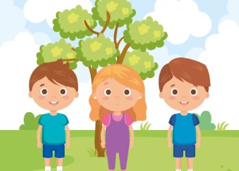 group of little kids in the park characters vector illustration design